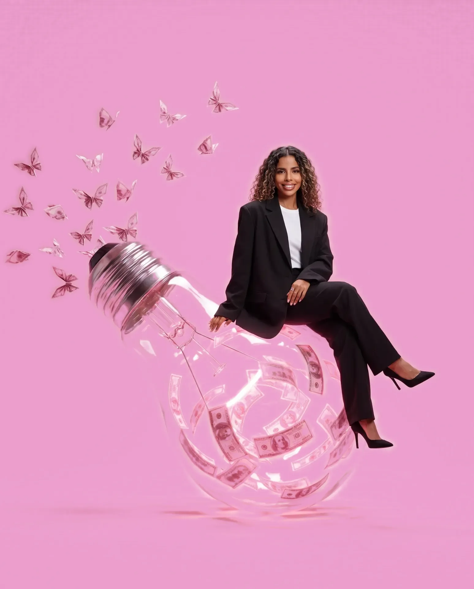Zee, assise sur une ampoule géante remplie de billets roses